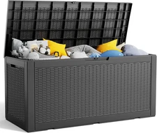 100 Gallon Resin Deck Box Outdoor Storage Waterproof UV Lockable Patio Bench Sea