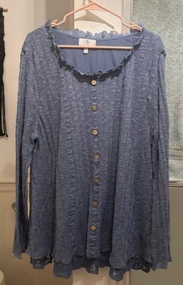 oSo Casuals Women's 3x  Blue  Lace Long Sleeve Top Boho