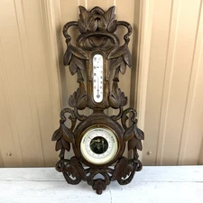 Antique Black Forest Hand Carved Wood Barometer & Thermometer 19” Tall