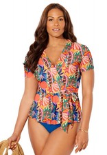 Swimsuits for All Women's Short Sleeve Faux Wrap Tankini Top Plus Sizes