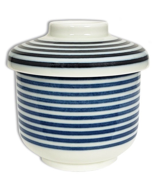 Taza Japonesa Chawan Mushi Chawanmushi 3.25"D Líneas Azules Natillas HECHA EN JAPÓN