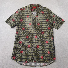 Hugo Boss Mens Shirt Large Black Green Red AOP Ellino Spellout Holiday Short