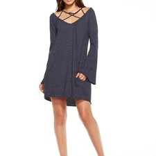 NWT CHASER Navy Blue Jersey Bell Sleeve Strappy Mini Bohemian Dress Size Medium