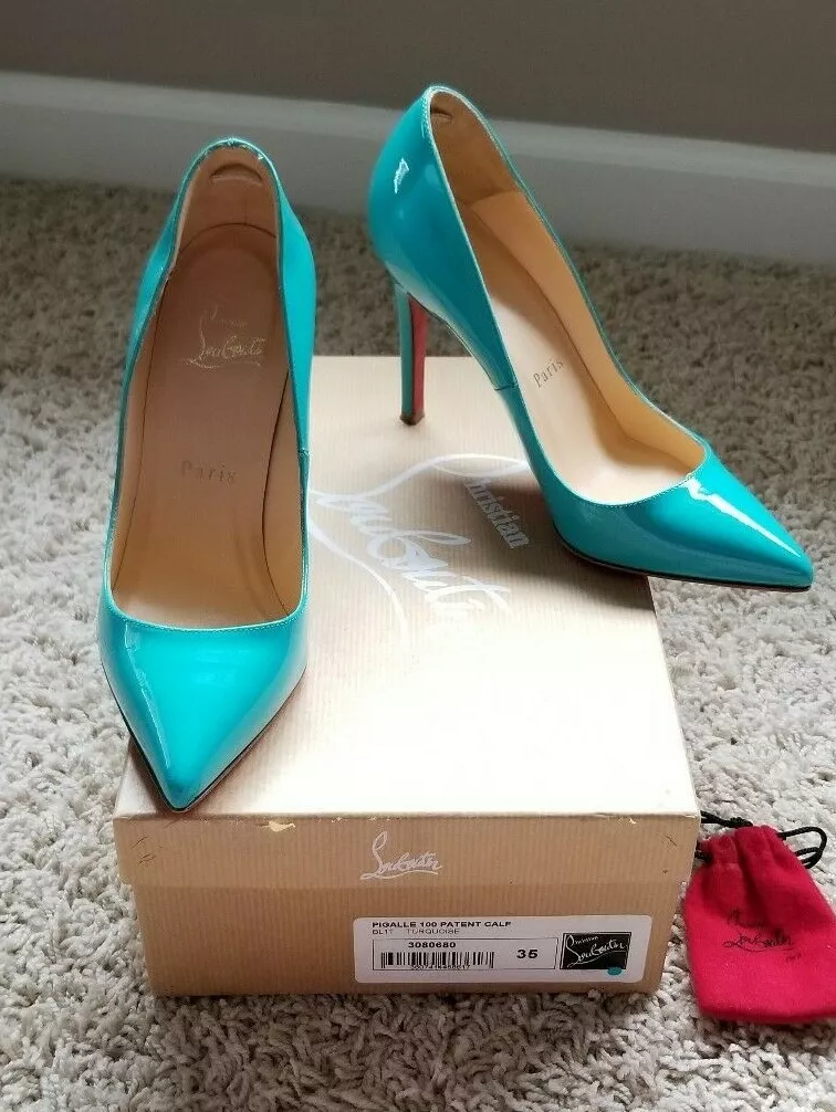 $840 Christian Louboutin Pigalle 100 mm Turquoise Patent Calf Pumps size 35 5 $840 Christian Louboutin Pigalle 100 mm Turquoise Patent Calf Pumps size 35 5