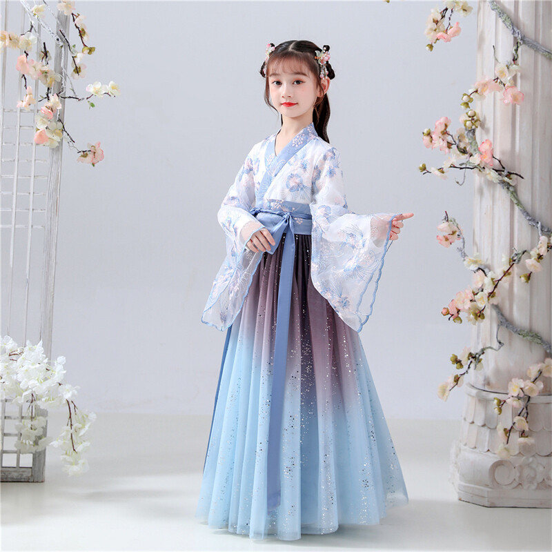 Kid Girl Fairy Floral Embroidered Shiny Mesh Hanfu Blue Swing Chinese Dress  Soft | eBay