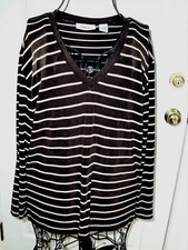 Made in USA "CHICO'S"Brown/Ivory Stripes 3/4Sleeve Stretchable Top/Blouse size 1