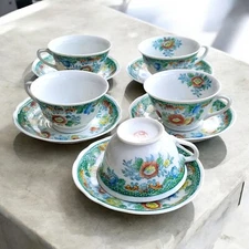 Mikori 1930's Japanese Porcelain Hand Painted Teacup Saucer Set 5 Vintage 