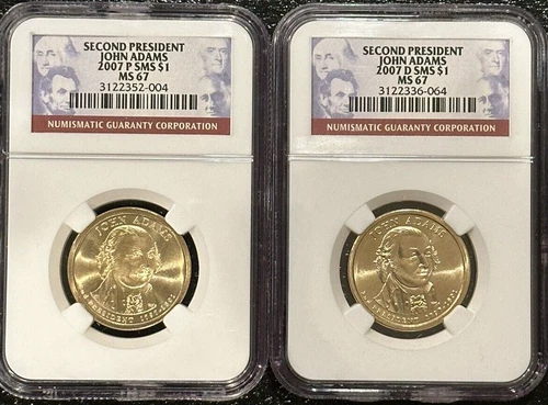 2007 P & D John Adams Presidential Dollar Coin NGC SMS MS67 SATIN