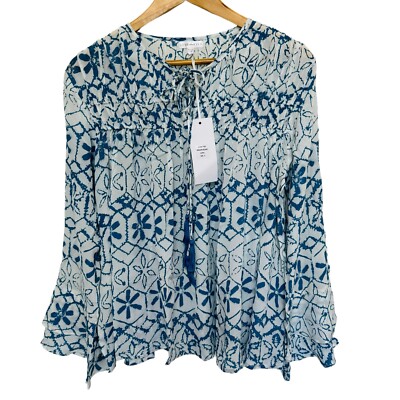 Kyla Seo Caite Marlena Breezy Blouse Size S Cupra Blue Floral Tunic Boho Pintuck