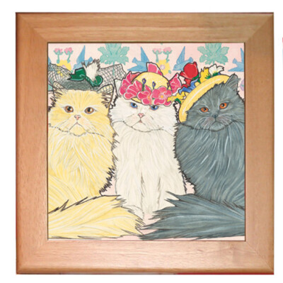 Persian Cat Kitchen Ceramic Trivet Framed in Pine 8'' x 8''