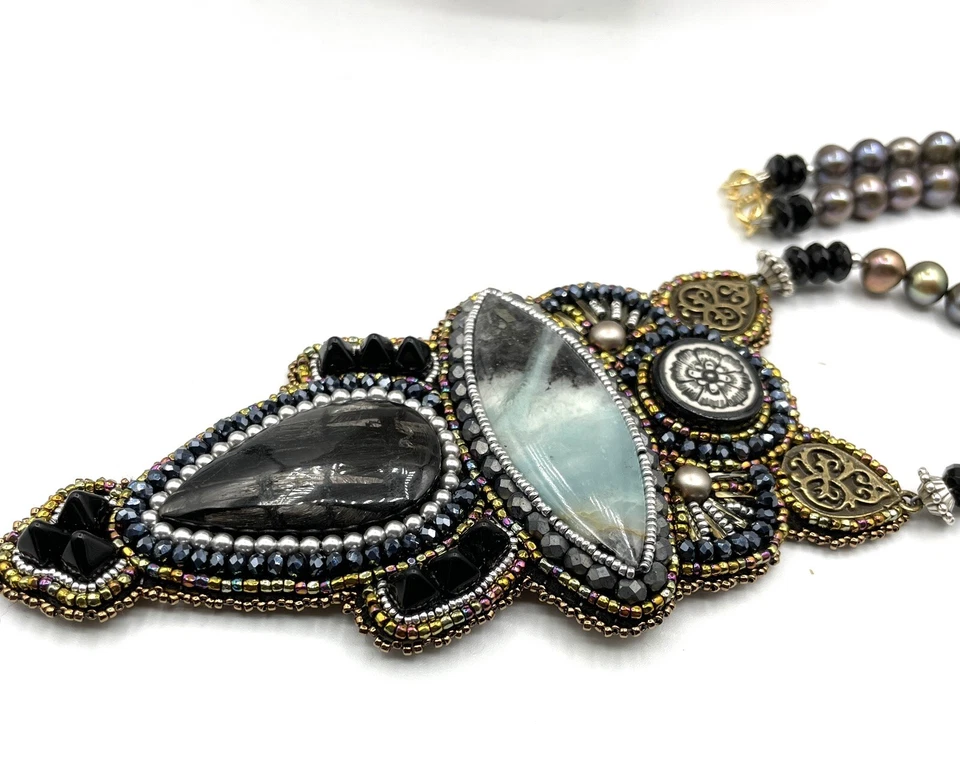 Bead Embroidered Necklace One Of A Kind Amazonite Meteorite Pearl Onyx Hand Made - Image 4 of 4