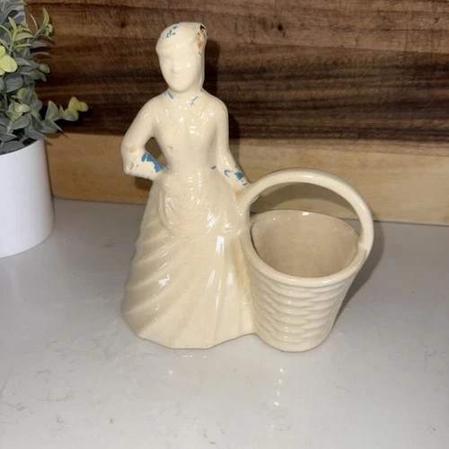 vintage Brush McCoy Pottery Lady Planter with a Basket, 1940s