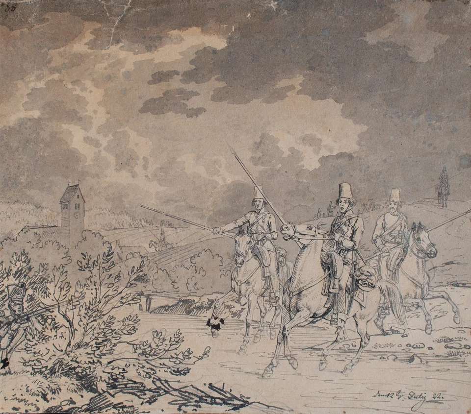 Carl Friedrich Heinzmann Donische Kosacken Virstudie Orig Tusche Zeichnung 1822 - Bild 3 von 3