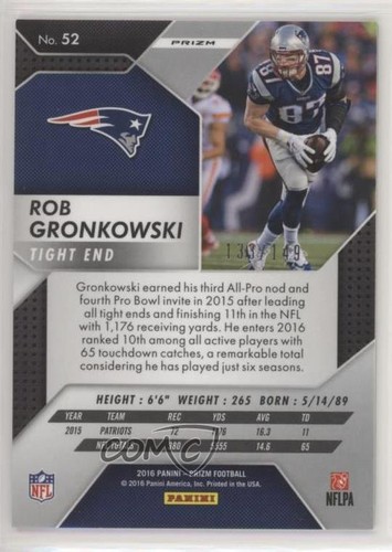 2016 Panini Prizm Blue Wave Prizm /149 Rob Gronkowski #52 - Zdjęcie 2 z 3