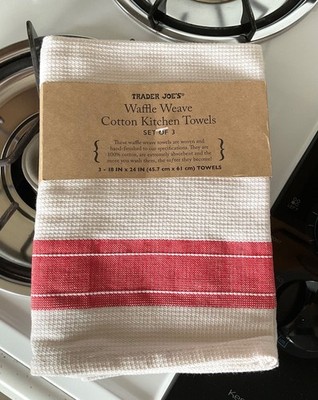 TRADER JOE'S WAFFLE WEAVE COTTON KITCHEN TOWELS SET OF 3 RED STRIPES ORIG. PKG.