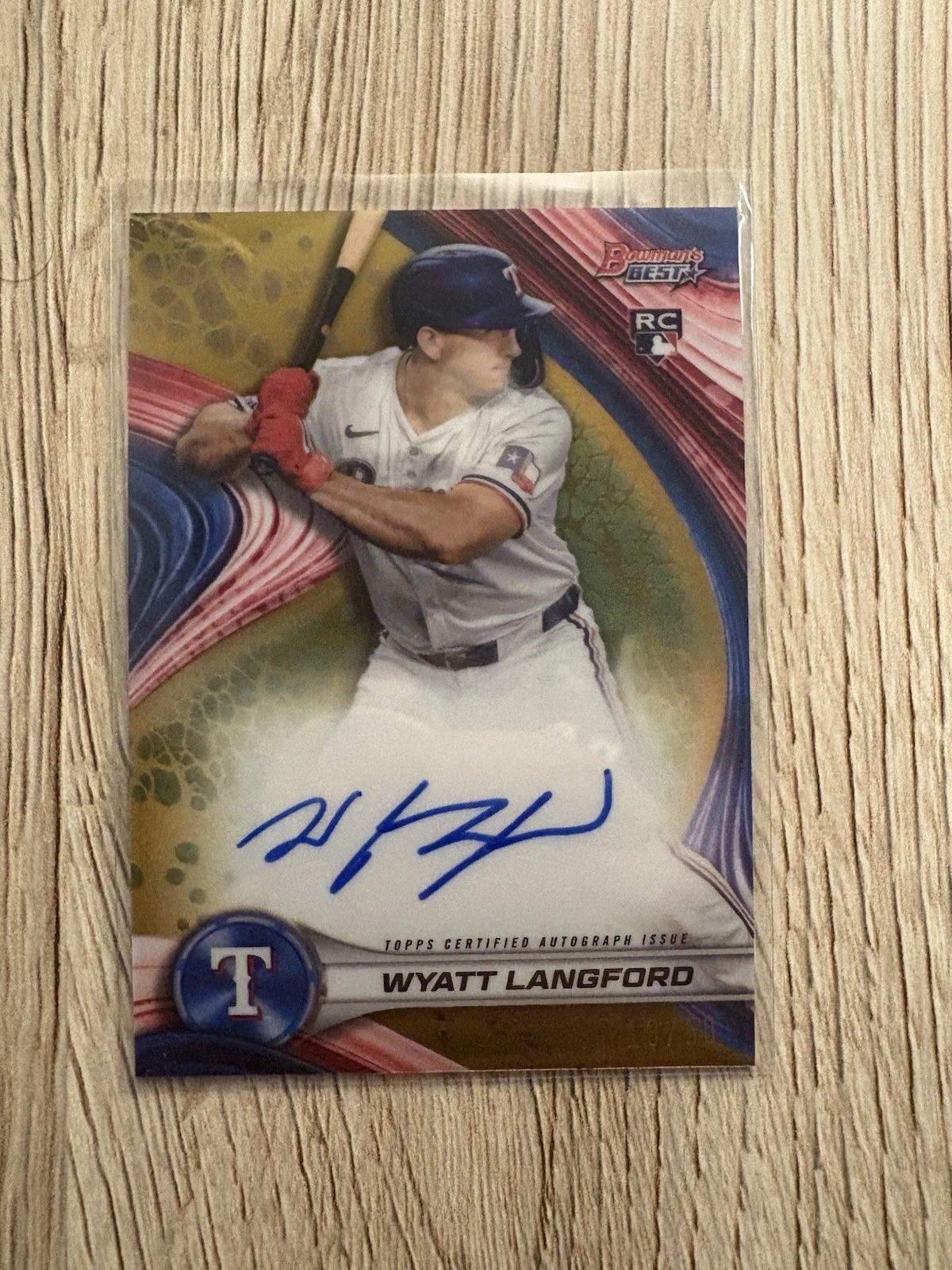 2024 Bowman’s Best Wyatt Langford True Gold /50 On Card Rookie Auto Rangers