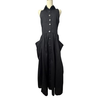 Vintage Esprit Collection Black Cotton Halter Button Front Midi Dress Pockets 12