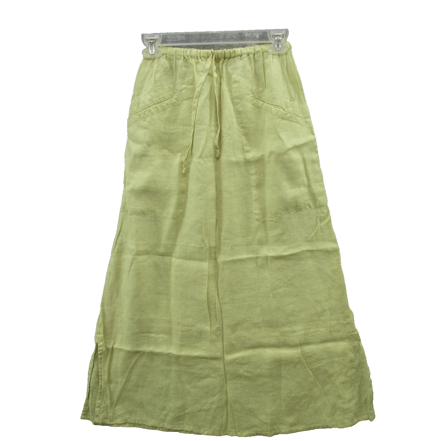 FLAX Designs Women's Straight Midi Skirt XS Green Linen Pockets Drawstring New