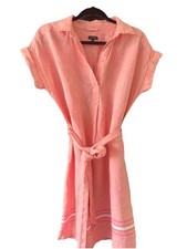 Talbots Coral Striped Linen Woven Collared Belted Shirt Dress Knee Length M