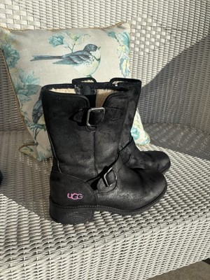 UGG Sz 7 Womens Black Suede Boots CHANEY Moto Buckles Sherpa Winter Rubber Sole