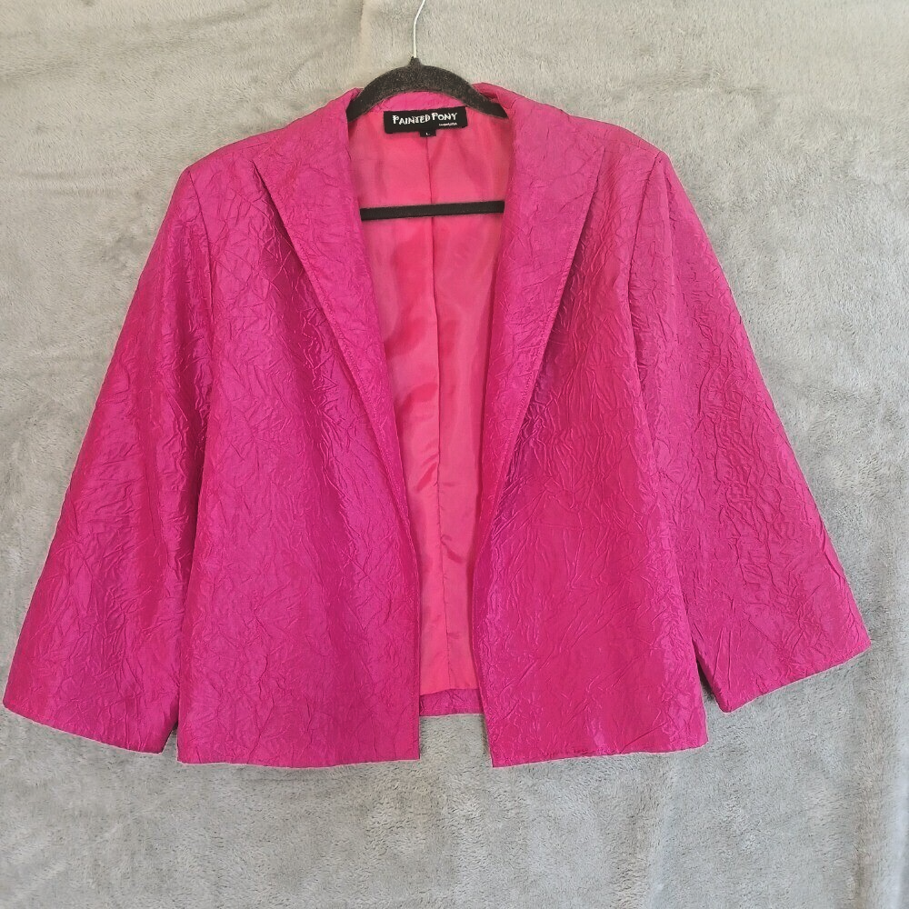 Blazer stropicciato pony lg rosa caldo aperto davanti ufficio casual viaggio colorato