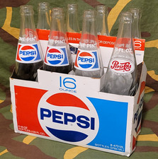 8 Vintage Pepsi Bottles + Carton set 60s 70s 80s