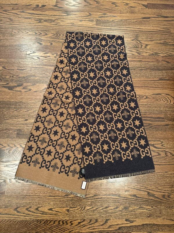 Gucci Wool Bee Scarf Unisex Brown And Gray