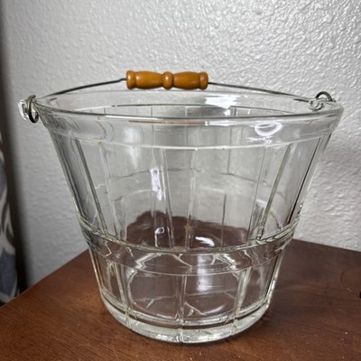 VTG Anchor Hocking Clear Glass Ice Bucket Pail Basket Weave Wood Handle 60 s