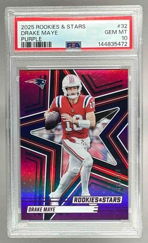 144835472 Drake Maye 2025 Panini Rookies & Stars #32 Purple /999 PSA 10