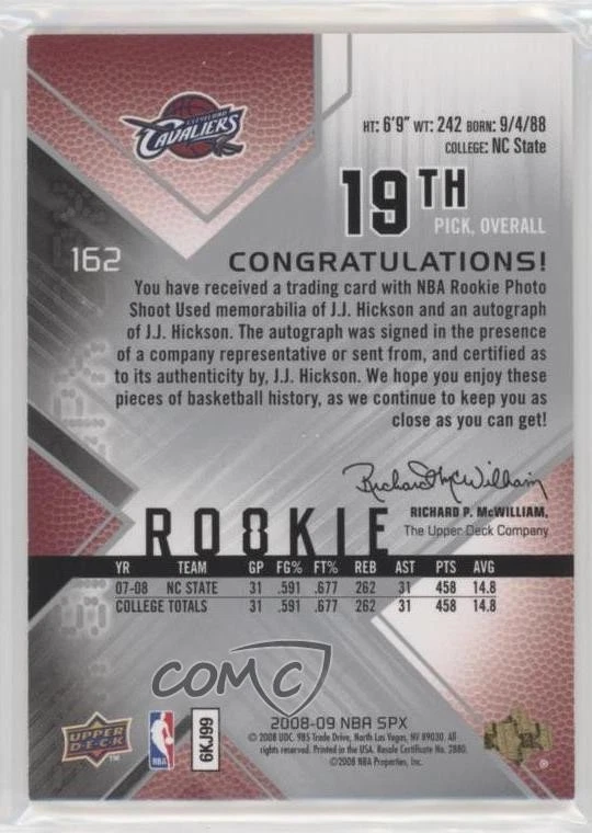 2008-09 SPx SPx Rookie Away /599 JJ Hickson #162 Rookie Auto RC - Image 2 of 2