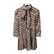 Gucci Cream Navy Orange Horsebit Print 100% Silk Pleated Mini Dress Womens US 2