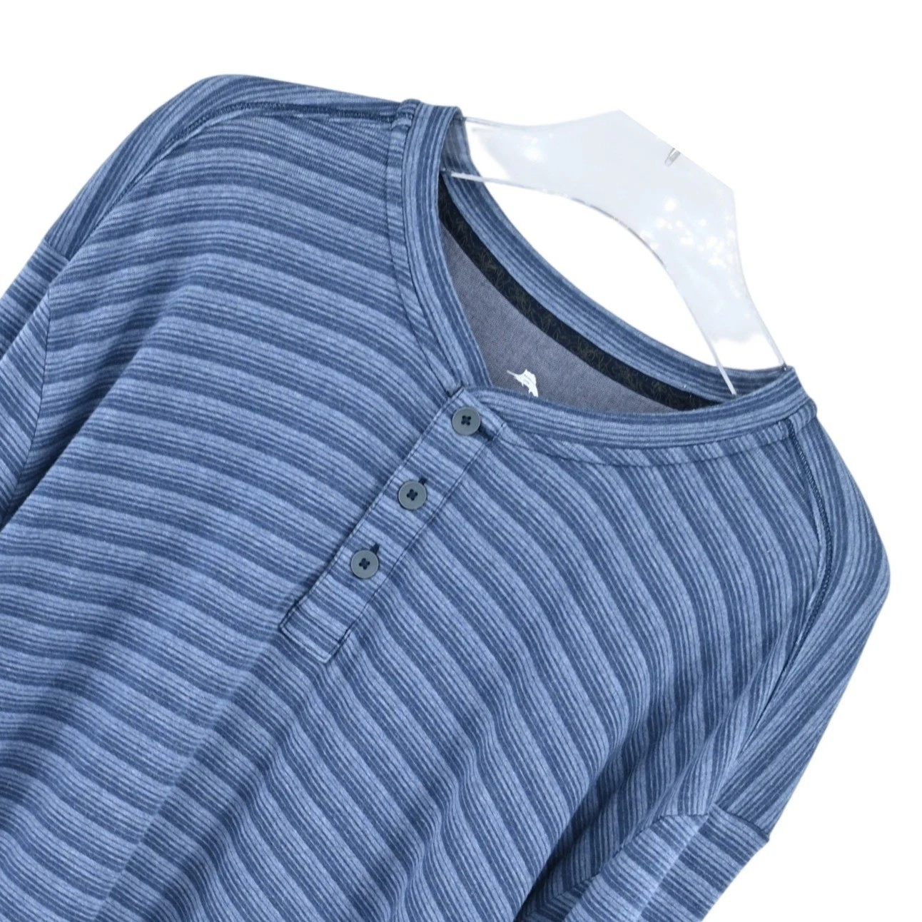 Tommy Bahama Mens XXL Blue Striped Long Sleeve Henley Organic Cotton Blend Shirt