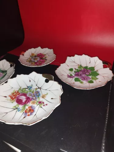 4 Vintage Nasco Japan Tea Bag Holder Spoon Rest Trinket Plates Leaf Design