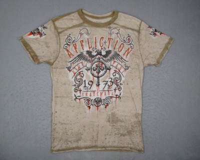 Affliction Shirt Mens Large Beige Short Sleeve Crew Neck 1973 AOP