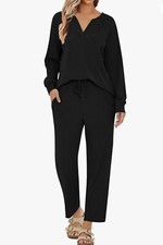 Womens Waffle Knit Pajama Set Long Sleeve Sleepwear and Long Pants Large Black