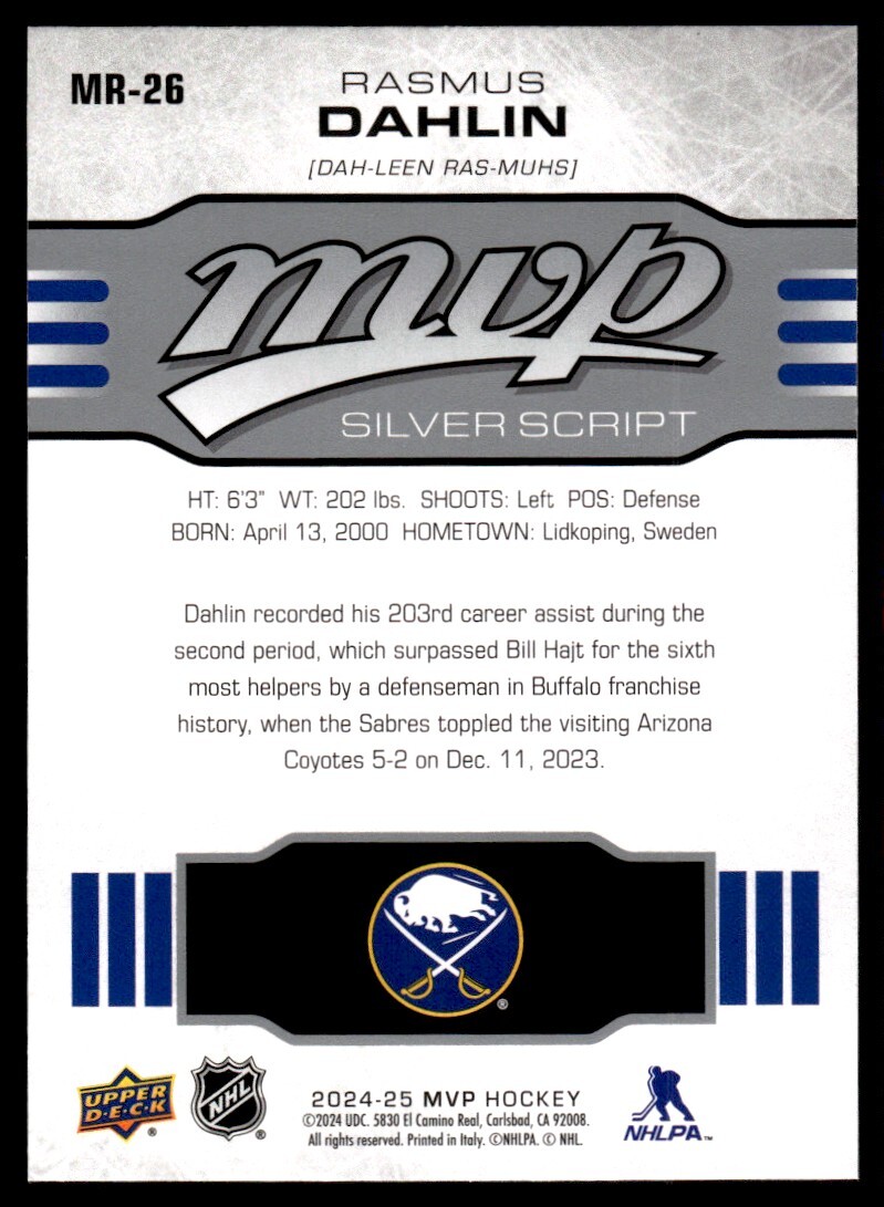 Rasmus Dahlin Silver Script 2024-25 Upper Deck MVP #MR-26 Buffalo