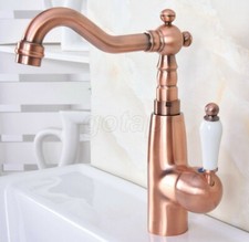 Antique Copper Swivel Spout Bathroom Sink Faucet One Handle Hole Basin Mixer Tap