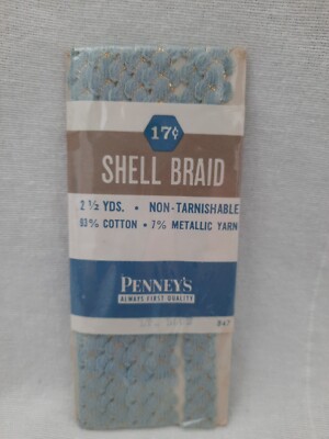 VTG Penney's Shell Braid Lt. Blue & Metallic Gold ~ Cotton ~ 2.5 Yds NIP