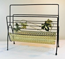 Vintage Metal Mesh Atomic Style Magazine Record LP Rack Gold Black Mid Century