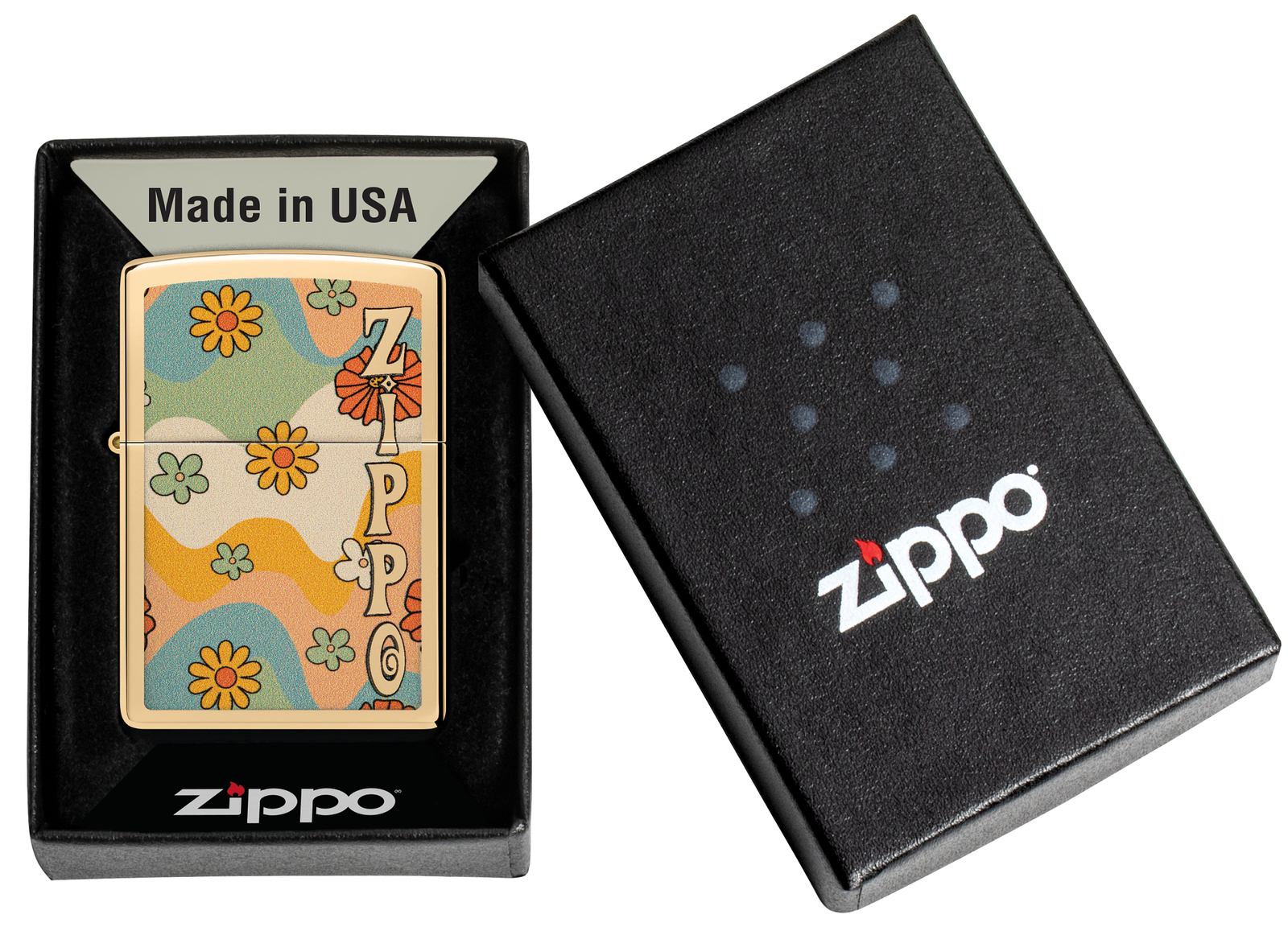 Zippo Flower Power Design High Polish Brass Windproof Pocket Lighter, 48503