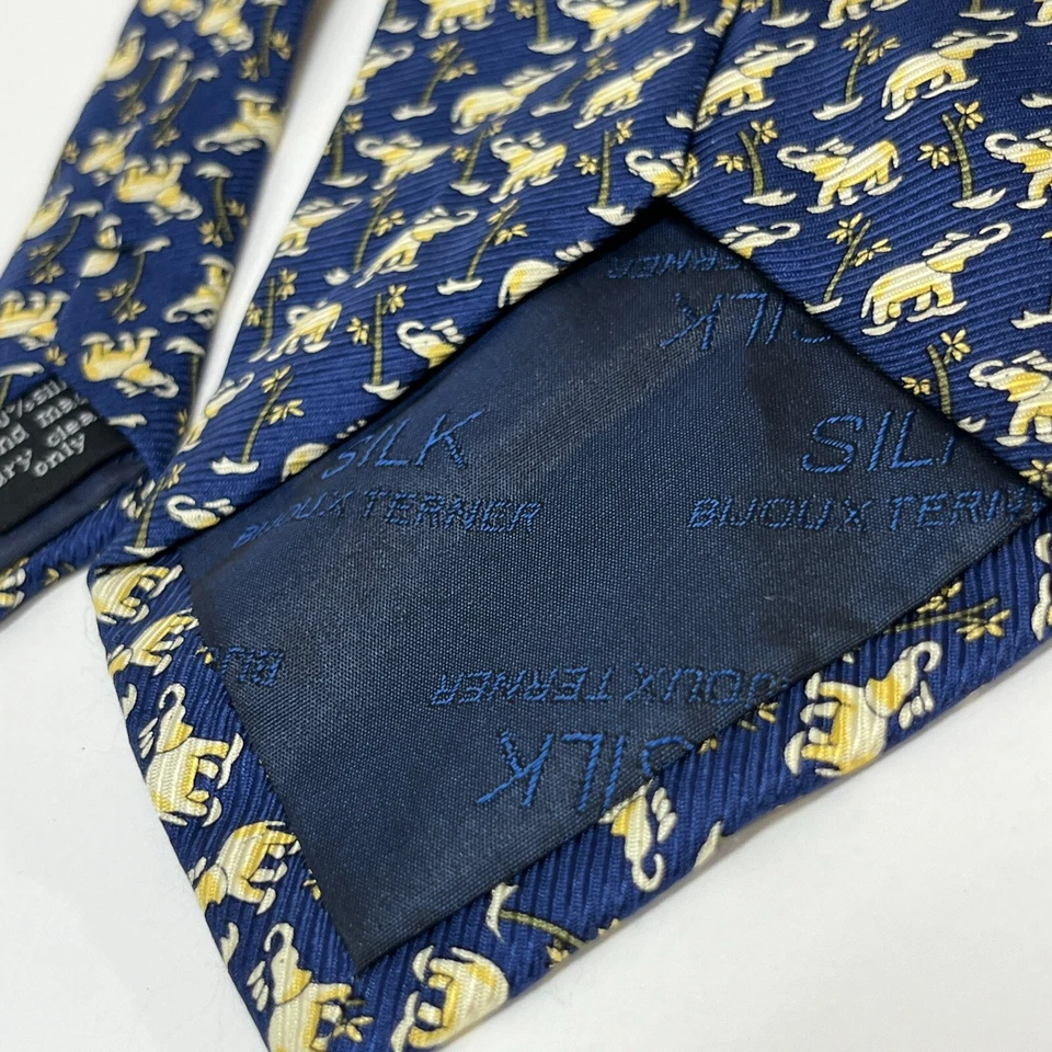 Corbata para el cuello Bijoux Terner para hombre - 100 % seda hecha a mano azul dorado elefantes amarillos Foto 4 de 4