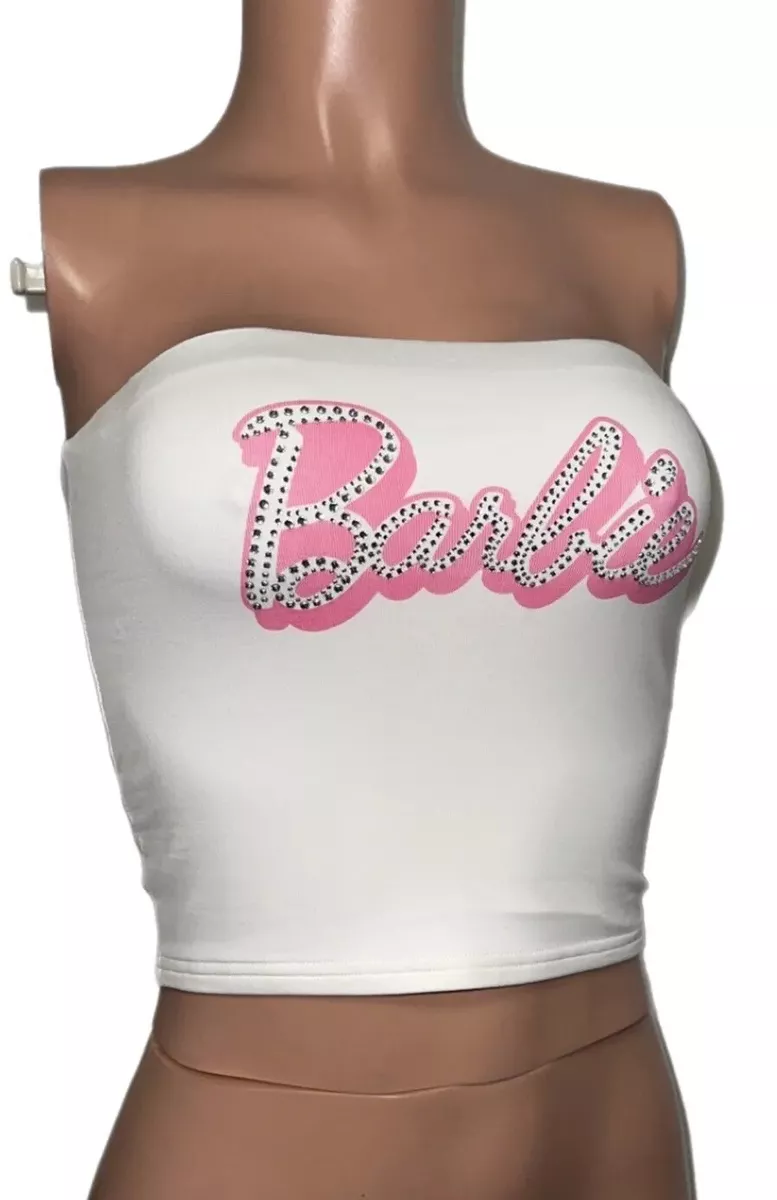 Barbie x forever 21 White Pink Rhinestone Logo Tube Top Nwt Barbiecore L Party