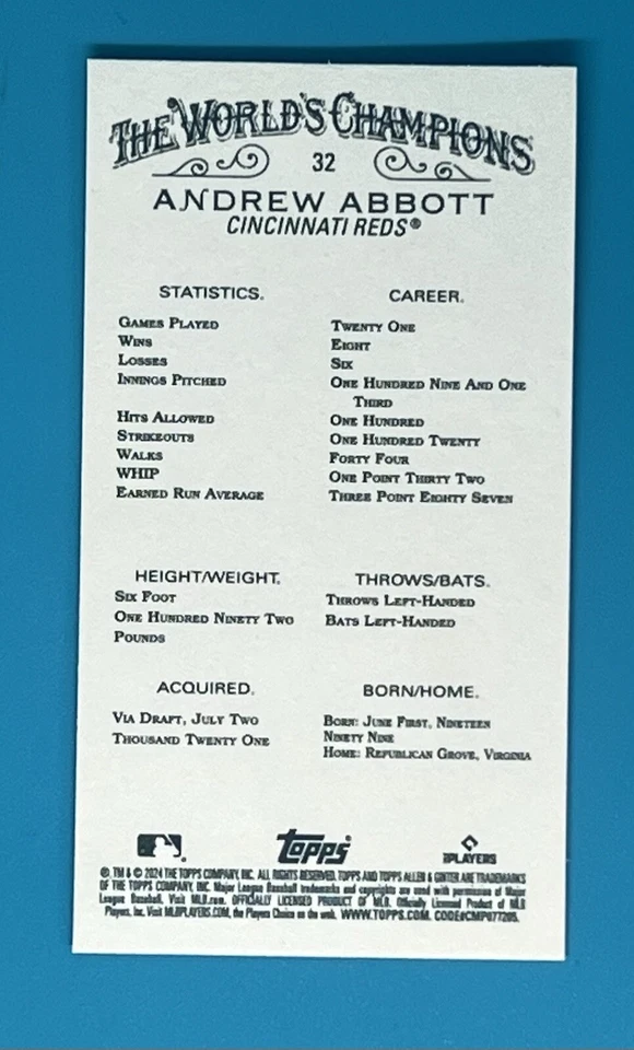 2024 Topps Allen & Ginter X Mini #32 Andrew Abbott Reds Rookie - Image 2 of 2