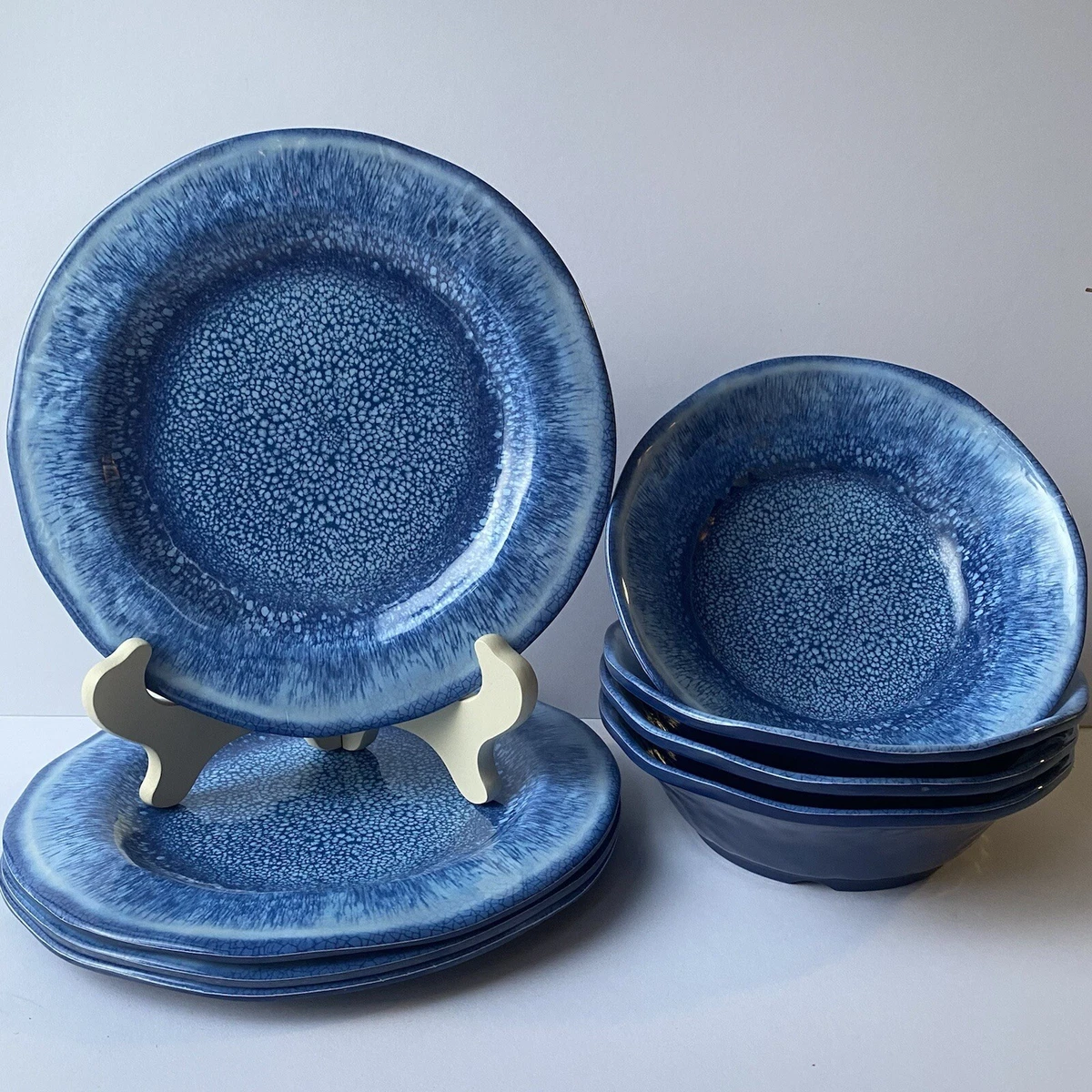 Set of 4x Bowls 4x Plates TOPMELA Melamine Blue Faux Ceramic Design