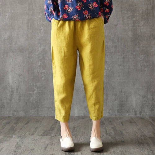 Pantalon court femme coton lin ethnique été poche pantalon fin décontracté - Photo 17/22