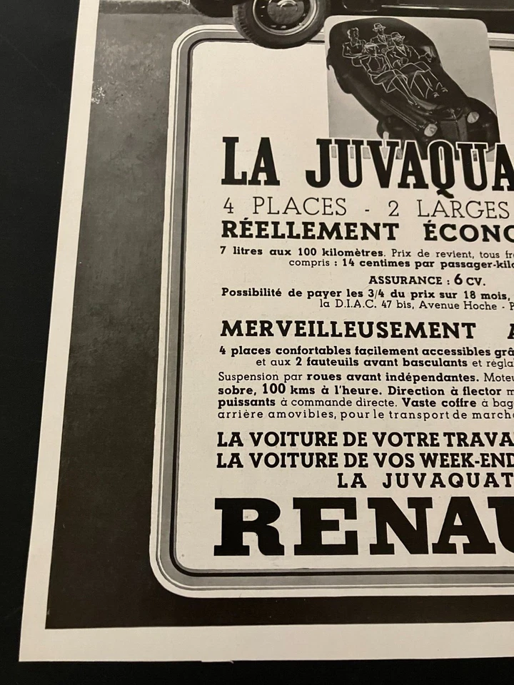 Renault Juvaquatre francês 1938 - Vintage impressão original anúncio/arte de parede - LIMPO - Imagem 4 de 4