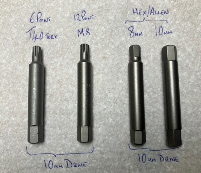  x4 Antriebswerkzeuge T40 6-Punkt Torx, 12-Punkt M8, Sechskant-/Inbusschlüssel 8 mm & 10 mm Kit