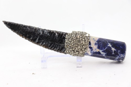 Flint Knapped Obsidian Fantasy Knife-on Polished Sodalite Handle-Crushed Pyrite - Picture 5 of 9