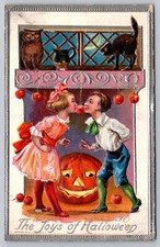 Postcard Halloween Children Play Apple Game Owl Cat JOL Conwell 248