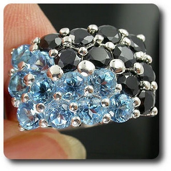 Mineralien Und Edelsteine. Ring Schwarzer Saphir & Blauer Topas Silber 925-image